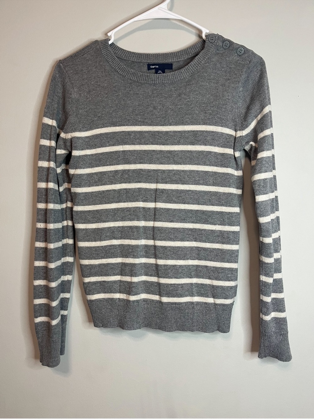 GAP Gray and White Striped Button-Shoulder Crewneck Sweater xxl 14/16